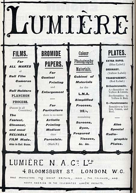 Photographic Dealers  - A H Baird  -  Adverts in his journal, Photographic Chat  - 1903  -  Lumiere - Films, Papers and Plates