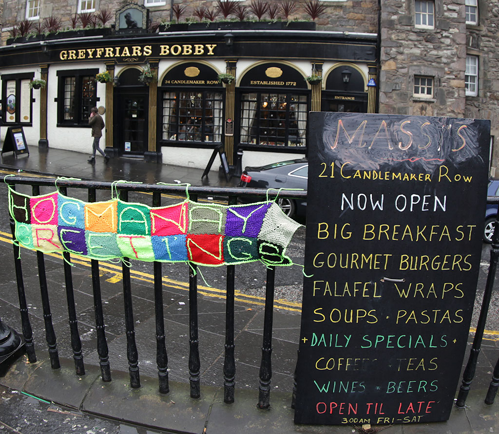 Scarf with "Hogmanay Greetings" foound on the railings beside Greyfriars' Bobby on New Year's Day, 2015