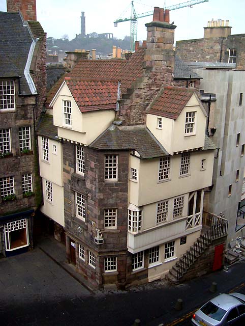 View from a 4th floor room in the High Street, looking NE across the  up the Royal Mile towards John Knox house with Calton Hill in the distance