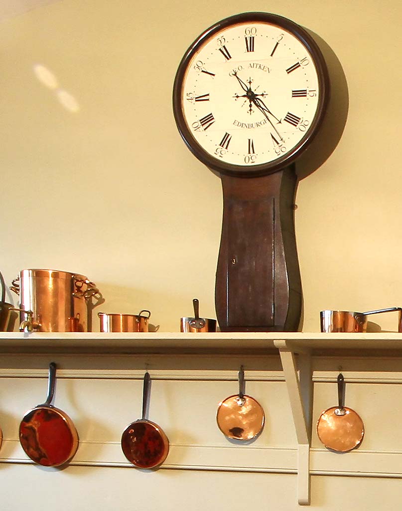 Lauriston Castle - Kitchen - zoom-in to clock and pans - October 2011