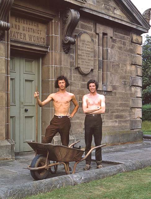 Allan Dodds and another student worker standing in front of one of the 'Greek Temples' at Liberton Filtration Works in 1969