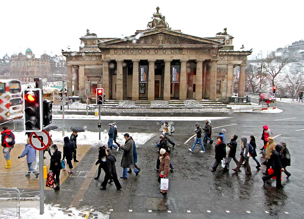 Royal Scottish Academy  -  View from the top deck of a bus in Hanover Street, following a shower of snow