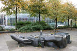 View towards the Omni Centre from in front of St Mary's Roman Catholic Cathedral, with sculpture by Eduardo Paolozzi in the foreground