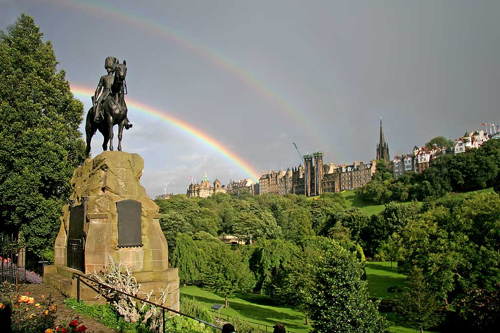 Royal Scots Greys Statue in West Princes Street Gardens and Rainbow