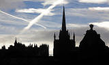 Edinburgh Skyline and Queen Victoria seated on top of the Royal Scottish Academy at the foot of the Mound