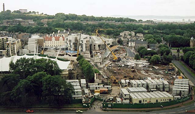 View from the southern slopes of Arthur's Seat - The Scottish Parliament under construction - June 2004