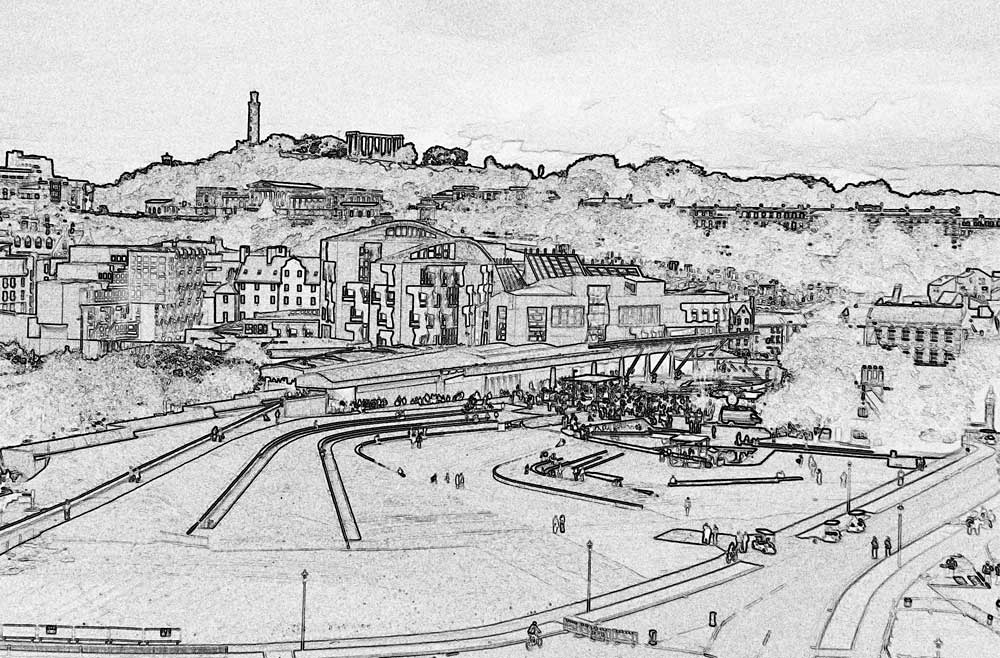 View from the Radical Road  -  Scottish Parliament  -  Official Opening  -  Enlarged sketch