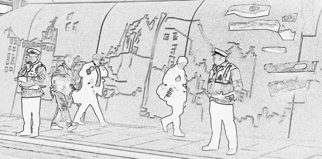 Scottish Parliament - Official Opening - Sketch of Police and Photographers outside the Parliament