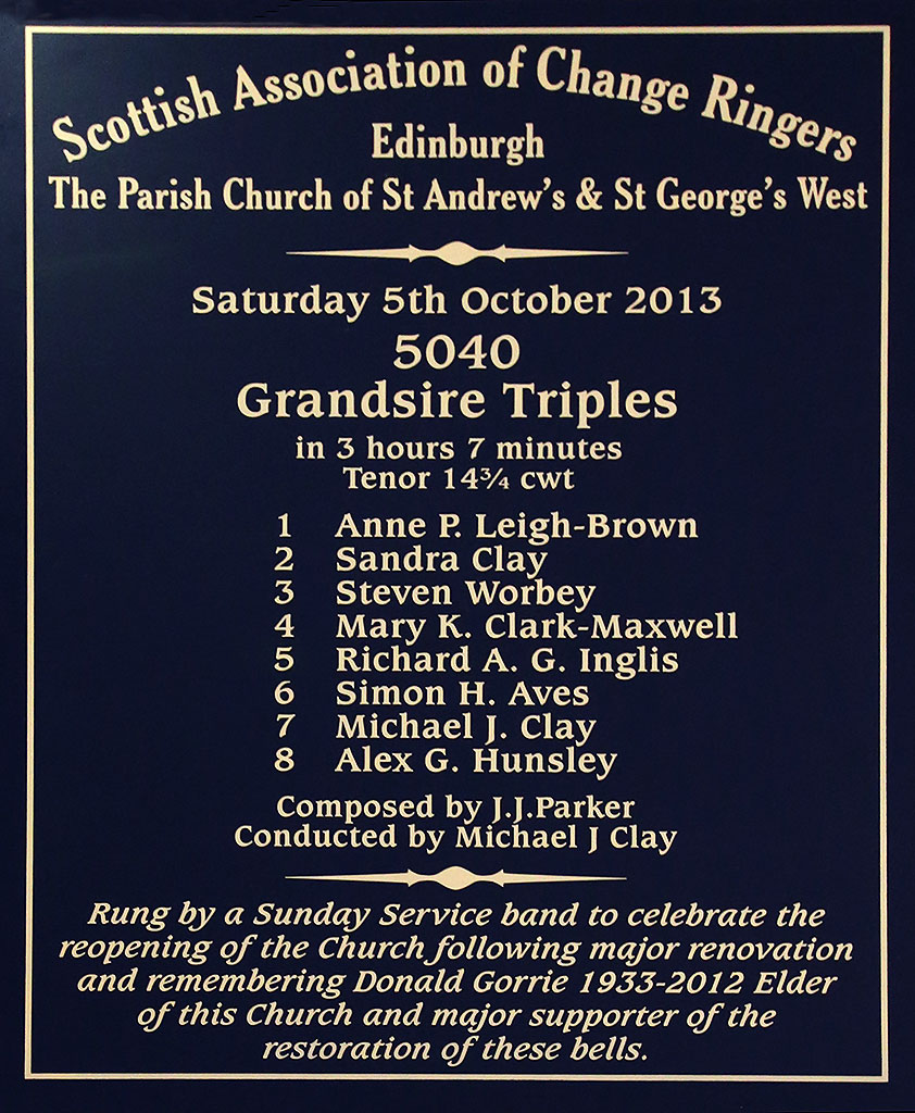 St Andrew's & St George's West Church  -  Commemorative Board for the Change Ringers