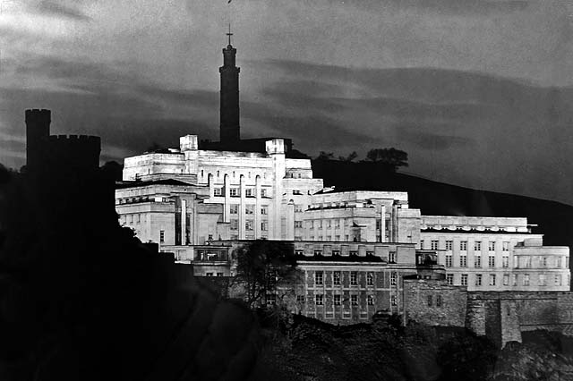 St Andrew's House  -  Government Offices built 1936-39 on the site of CaltonJail, Regent Road, Edinburgh  -  Floodlit for Victory Day, June 1946