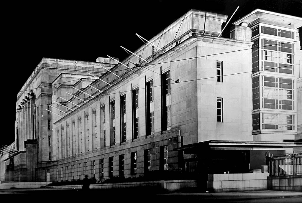 St Andrew's House  -  Government Offices built 1936-39 on the site of CaltonJail, Regent Road, Edinburgh  -  Floodlit for Victory Day, June 1946