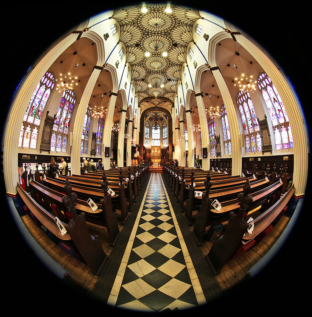 St John's Church, Edinburgh West End, looking forward  -  Photo taken with a fisheye lens  -  November 2014
