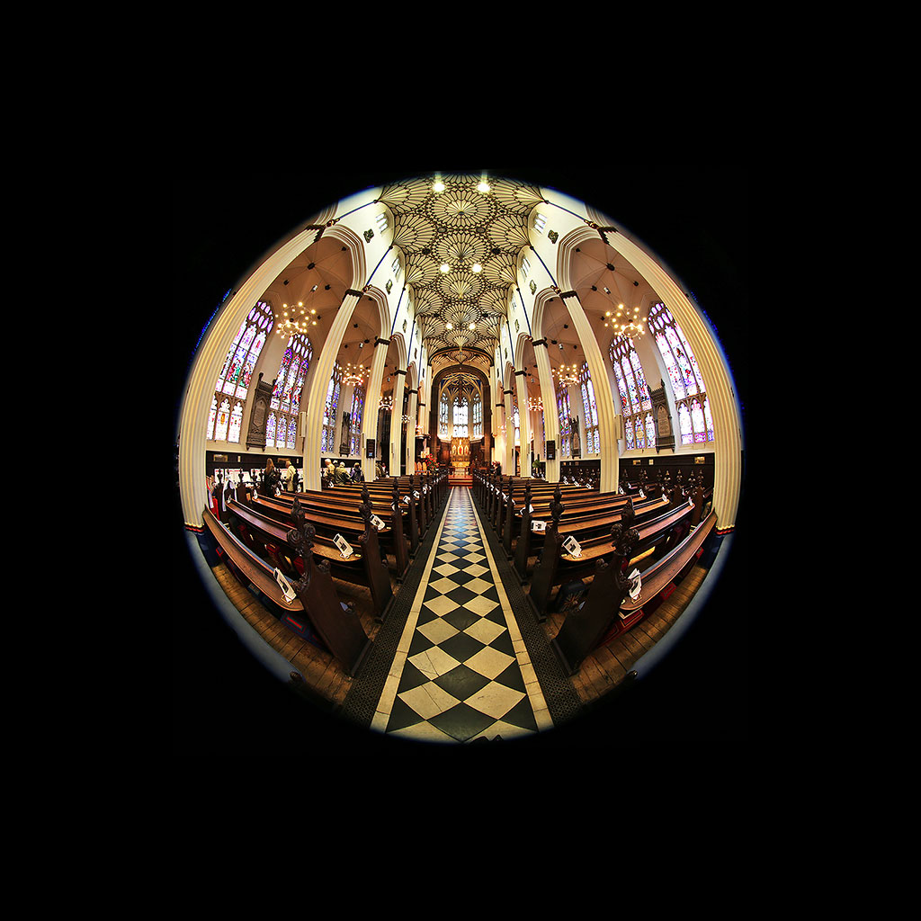 St John's Church, Edinburgh West End, looking forward  -  Photo taken with a fisheye lens  -  November 2014