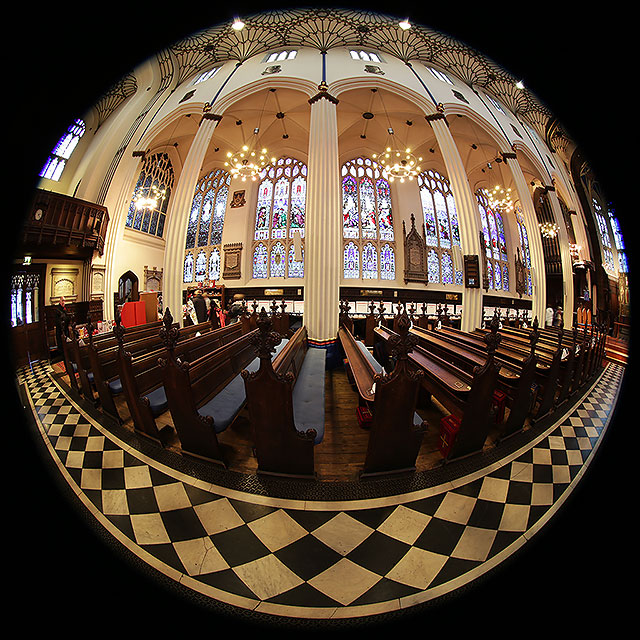 St John's Church, Edinburgh West End, looking north  -  Photo taken with a fisheye lens  -  December 2014