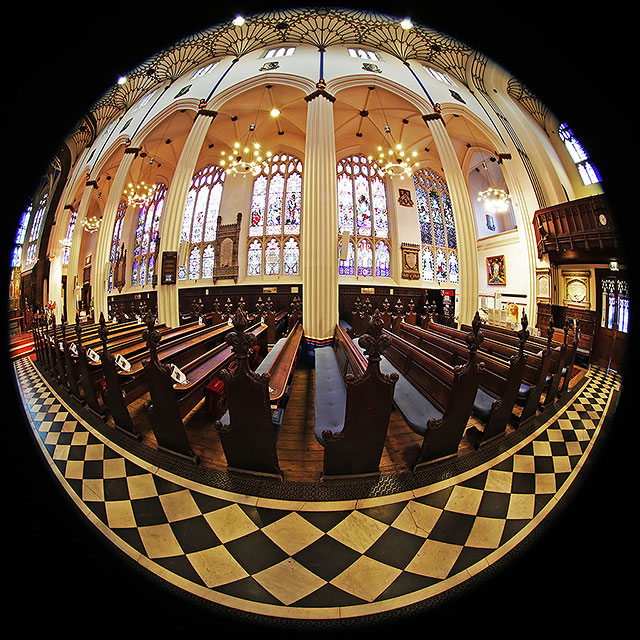 St John's Church, Edinburgh West End, looking south  -  Photo taken with a fisheye lens  -  December 2014