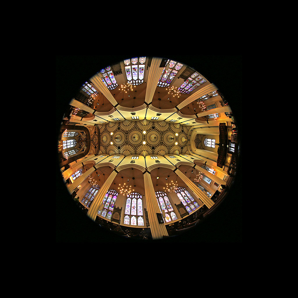 St John's Church, Edinburgh West End, looking up  -  Photo taken with a fisheye lens  -  November 2014