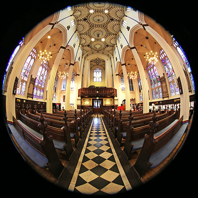 St John's Church, Edinburgh West End, looking west  -  Photo taken with a fisheye lens  -  December 2014