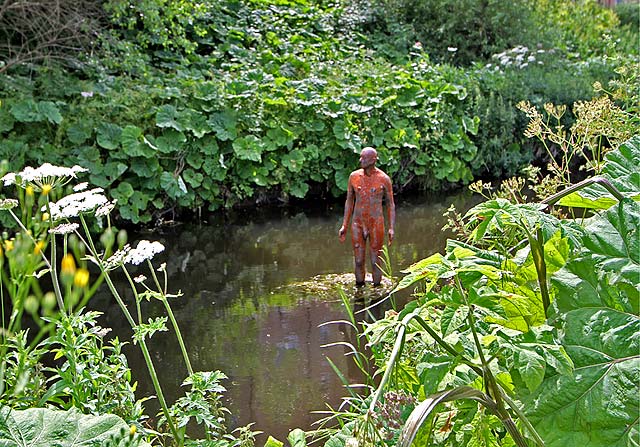 One of the live-size cast iron figures in the artwork '6 Times' by Antony Gormley.  The statues are sited, most in the Water of Leith, between the Scottish National Gallery of Modern Art and Leith Docks