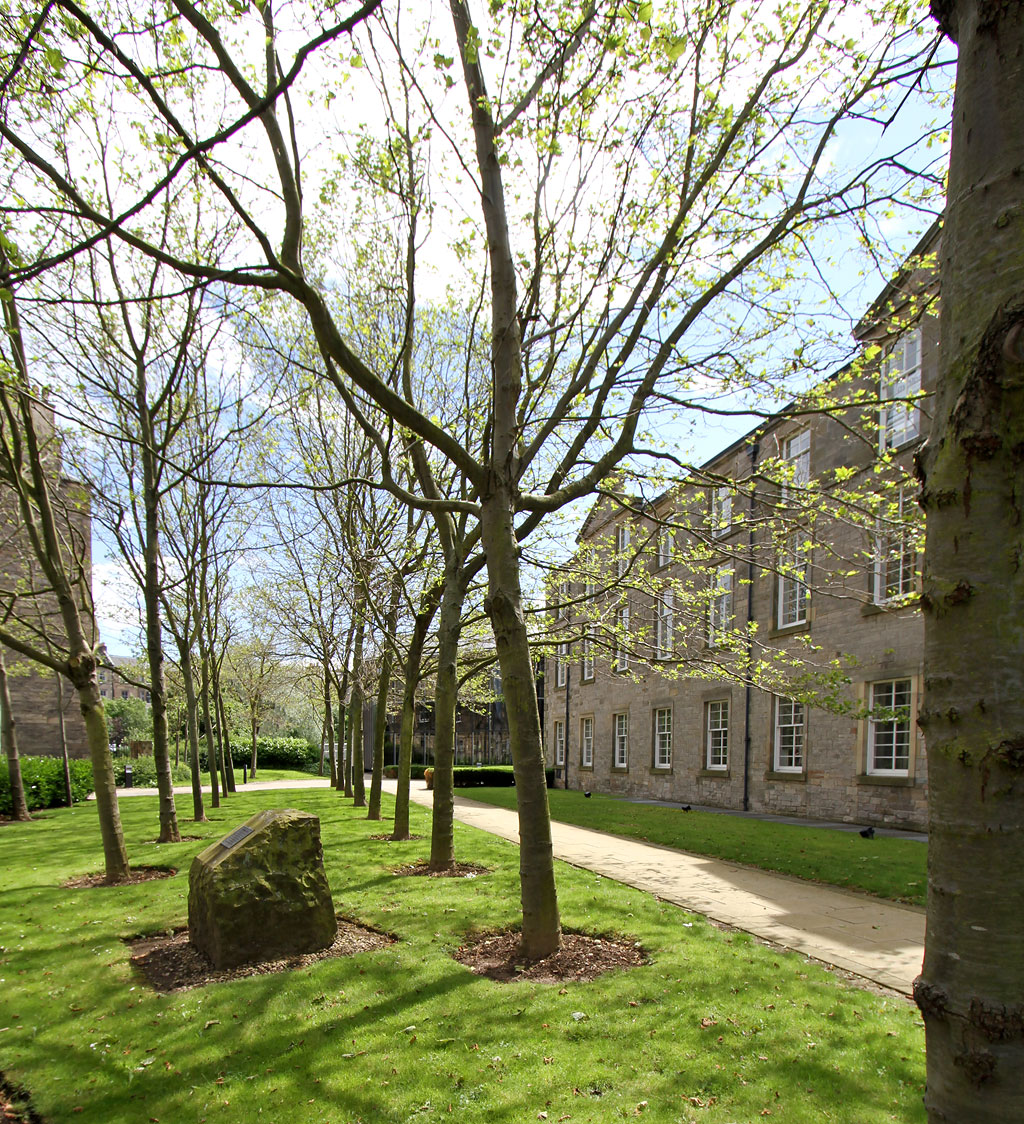  Tanfield house with trees and commemorative stone  -  2012