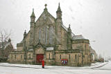 Snowstorm at Wardie Parish Church at the junction of Boswall Road and Netherby Road, Trinity, Edinburgh