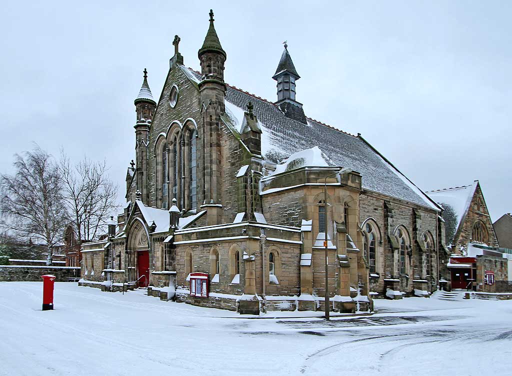 Snowstorm at Wardie Parish Church at the junction of Boswall Road and Netherby Road, Trinity, Edinburgh