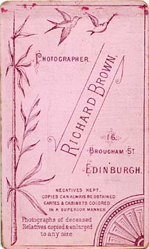 Richard Stuart Brown  -  Back of Carte de Visite  -  Studio at 16 Brougham Street