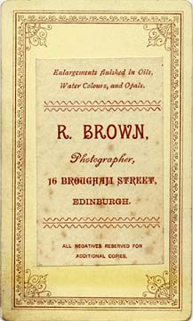 Richard Stuart Brown  -  Back of Carte de Visite No 13  -  Studio at 16 Brougham Street