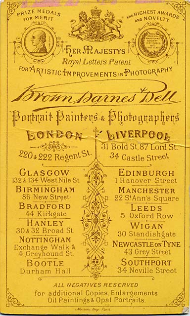 The back of a carte de visite by Brown Barnes & Bell - approx 1880