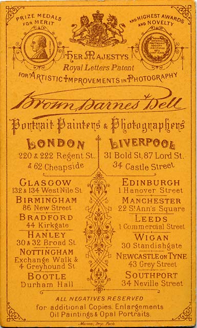 The back of a carte de visite by Brown Barnes & Bell - approx 1881-82