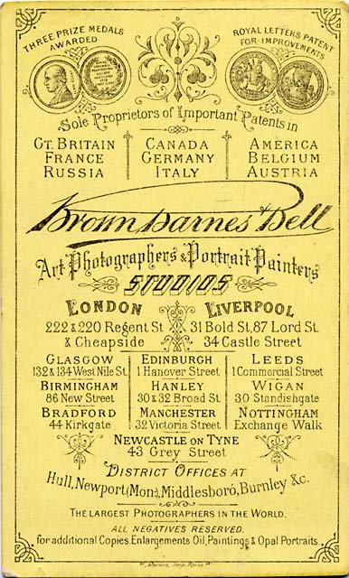 The back of a carte de visite by Brown Barnes & Bell - approx 1883