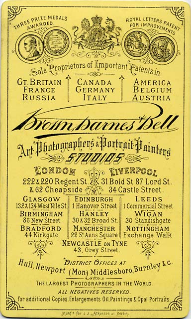 The back of a carte de visite by Brown Barnes & Bell - approx 1883