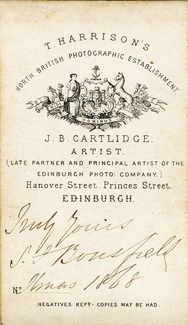 The back of a carte de visite from the studio of Jb Cartlidge, Edinburgh