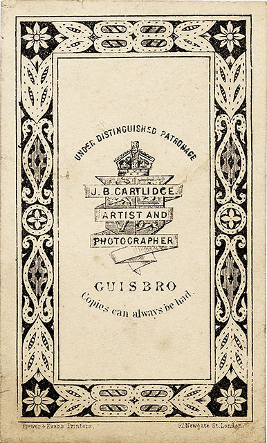 The back of a carte de visite from the studio of Jb Cartlidge, Edinburgh