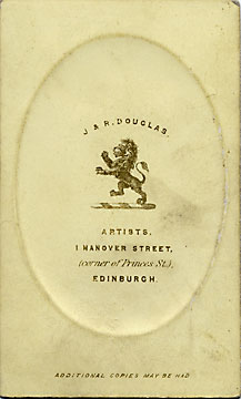 The  back of a carte de visite from the studio of J & R Douglas (who were they?) at 1 Hanover Street, Edinburgh