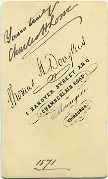 The back of a  carte de visite by the Edinburgh professional photographer Thomas H Douglas  -  young man with a book