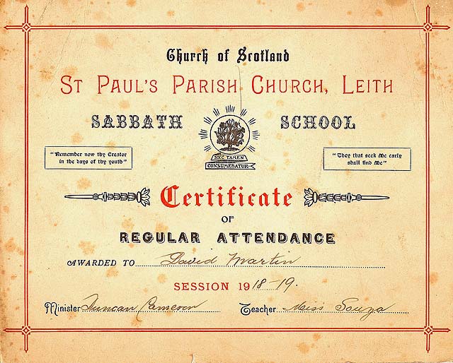 Church of Scotland abbath School - Certificate of Reular Attendance, 1918-19