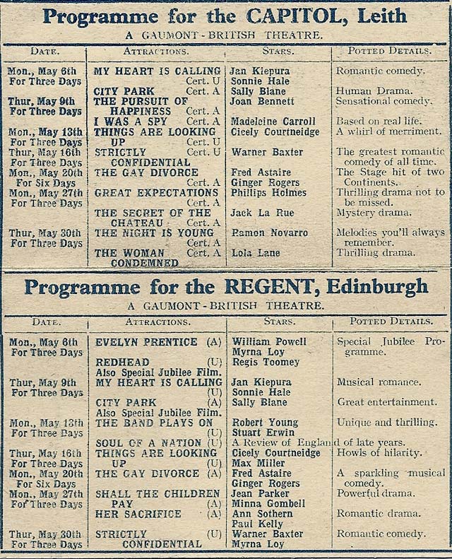 British Gaumont Cinemas - Programmes for Leith Capitol and for Regent cinemas, 1935
