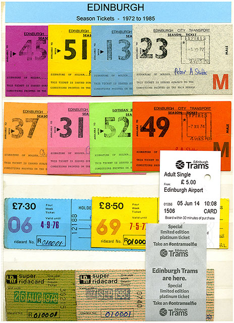 A selection of Season Tickets for Edinburgh's LRT Buses, 1972-87 + a ticket for Edinburgh Trams, 2014