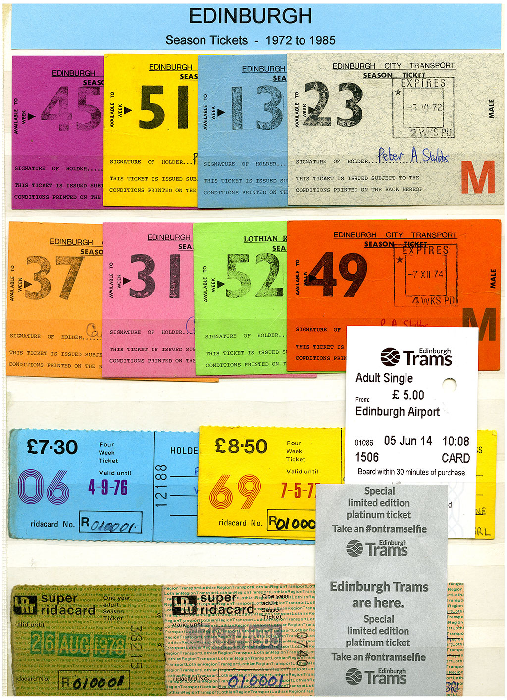 A selection of Season Tickets for Edinburgh's LRT Buses, 1972-87 + a ticket for Edinburgh Trams, 2014