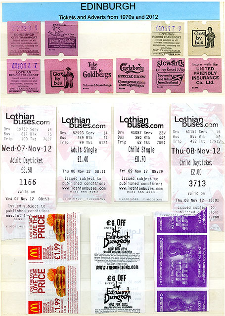 A Selection of Edinburgh Bus Tickets with adverts on the backs of some of these tickets - 1970s to 2012