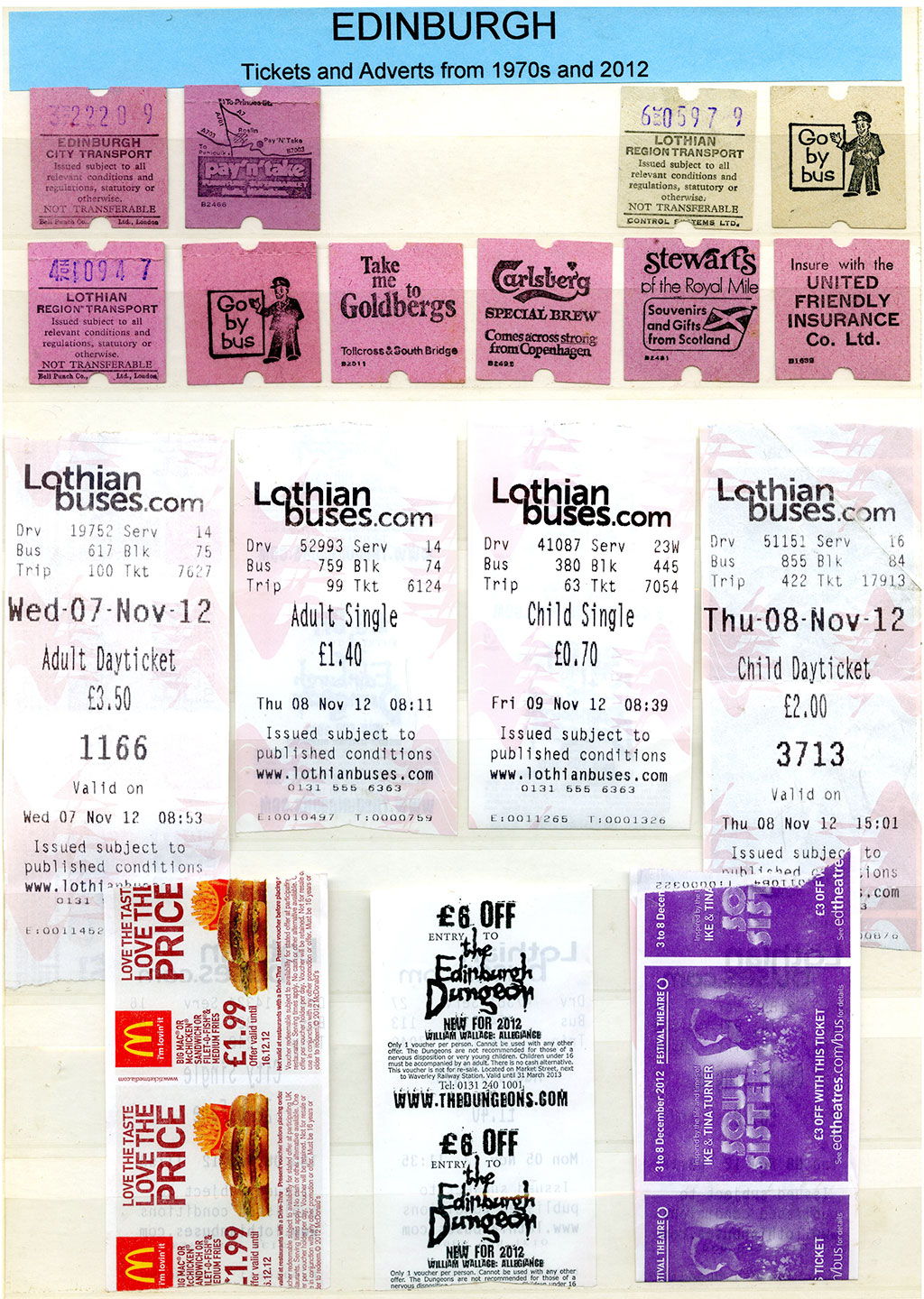 A Selection of Edinburgh Bus Tickets with adverts on the backs of some of these tickets - 1970s to 2012