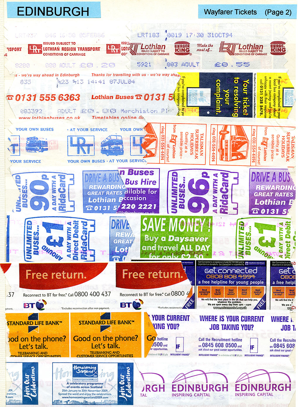 A Selection of EdinburghWayfarer Bus Ticketsand adverts on the backs of Wayfarer Tickets  -  1980s-2000s