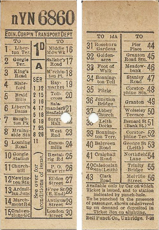 Edinburgh Corporation Transport Department  Bell Punch Tram Ticket, 1928  -  Services 1, 2, 3, other