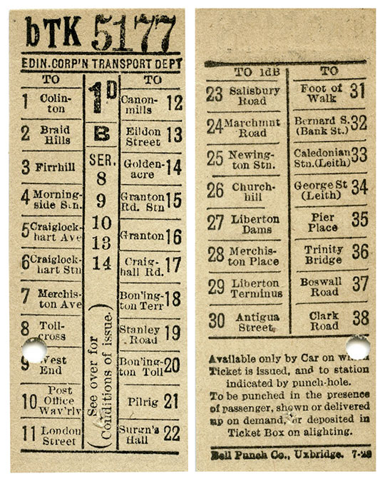 Edinburgh Corporation Transport Department  Bell Punch Tram Ticket, 1928  -  Services 8, 9, 10, other
