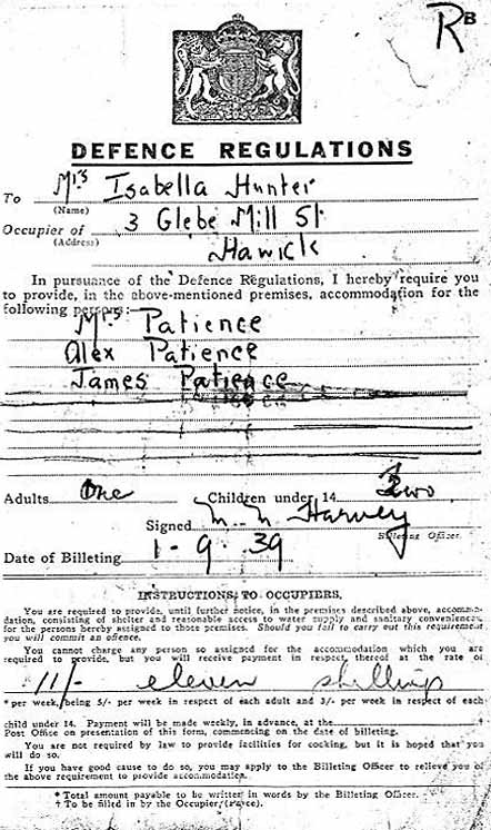 Evacuation Document  -  Edinburgh to Hawick, 1939