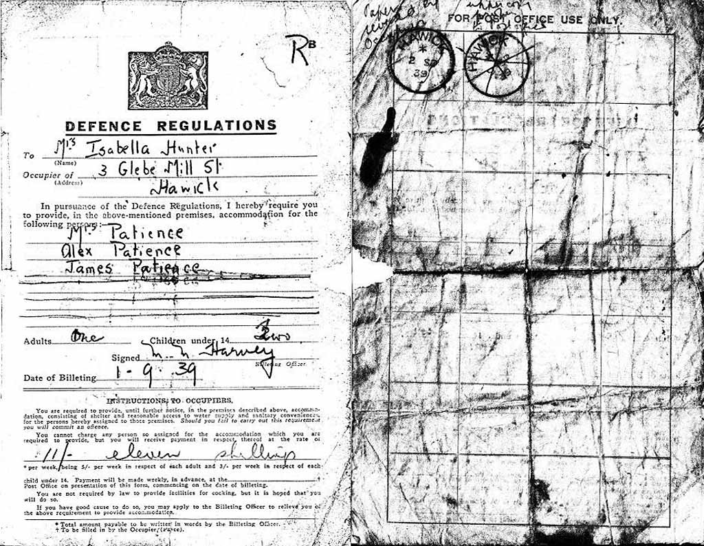 Evacuation Document  -  Edinburgh to Hawick, 1939