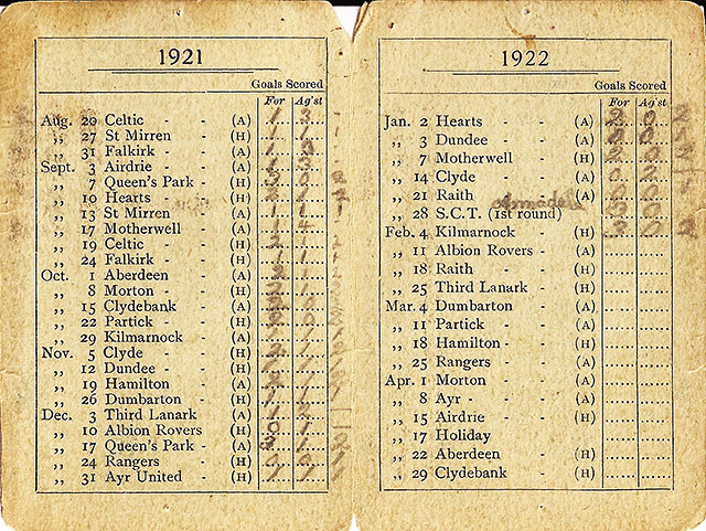 Hibernian Football Club  -  Fixture Card, 1921-22