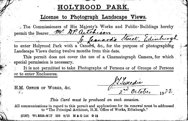 License to PHotograph Landscape Views in Holyrood Park - 1922