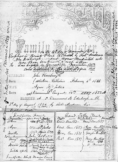 A page from the Family Register in John Horsburgh's family Bible  -  Details of the marriage between John Horsburgh and Agnes McIntosh