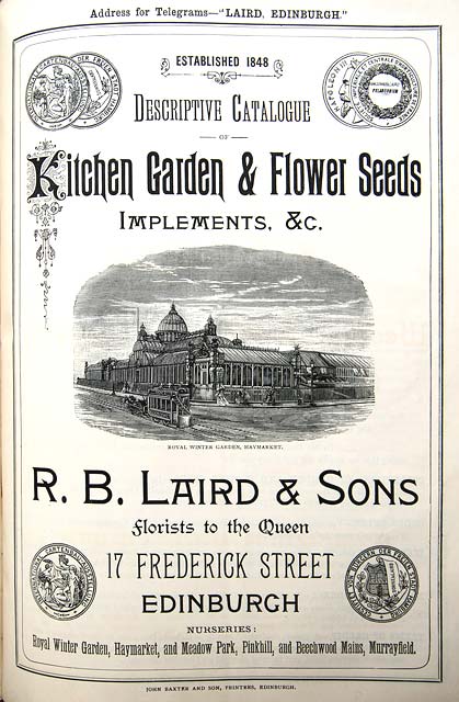RB Laird Seed Catlaogue, 1871 - Cover with a picture of Winter Garden Glasshouses, Haymarket